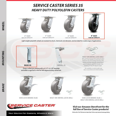Service Caster 8 Inch Heavy Duty Top Plate Polyolefin Rigid Caster with Ball Bearing SCC SCC-35R820-POB